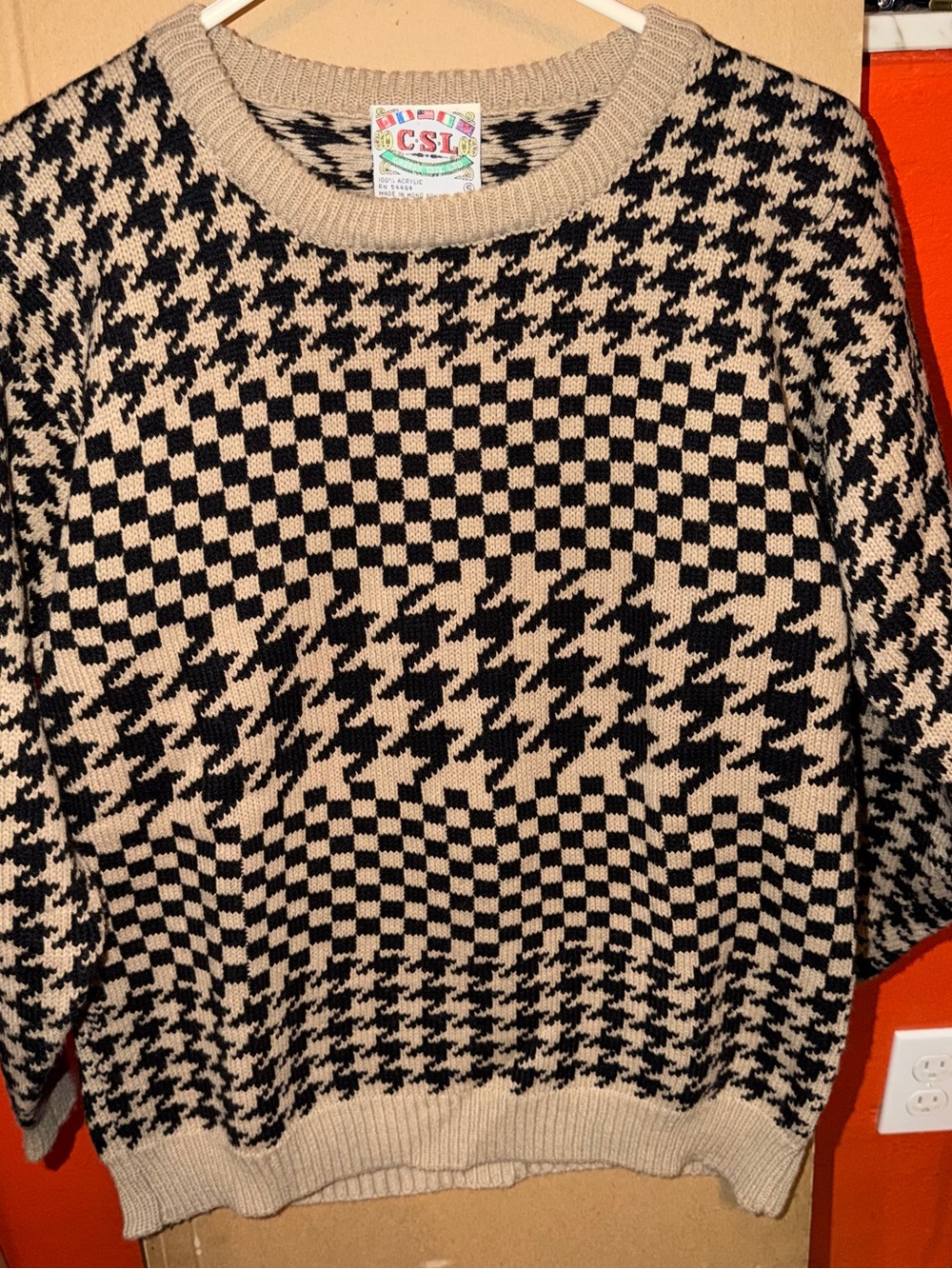 Black and Cream Houndstooth & Checker Knit Crew Sweater